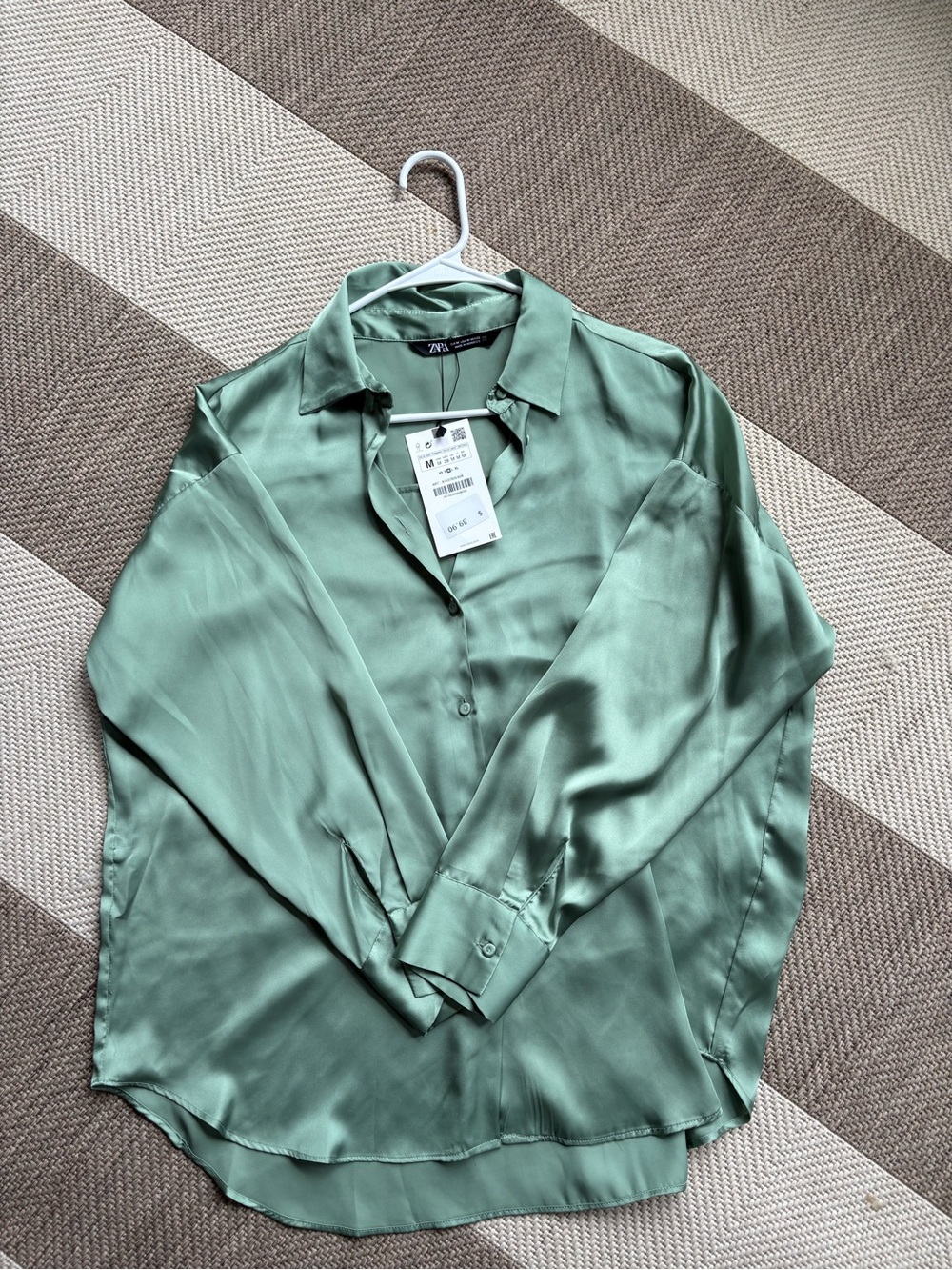 Zara Satin Button-Up Blouse in Light Sage
